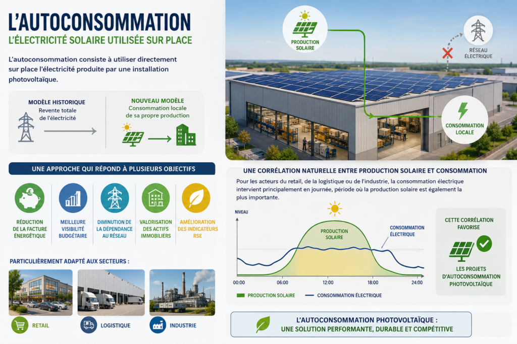 Ombrières photovoltaïques sur le parking d'une grande enseigne permettant l'autoconsommation d'électricité solaire.