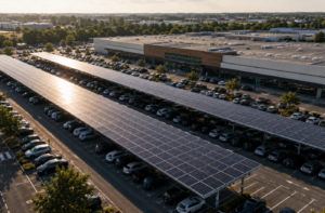 Ombrières photovoltaïques sur le parking d'une grande enseigne permettant l'autoconsommation d'électricité solaire.